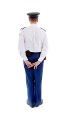 Fototapeta premium Dutch police officer from behind over white background