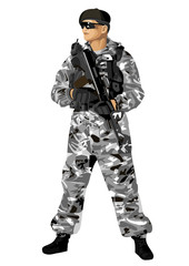 The soldier holding a rifle. Highly detailed image.