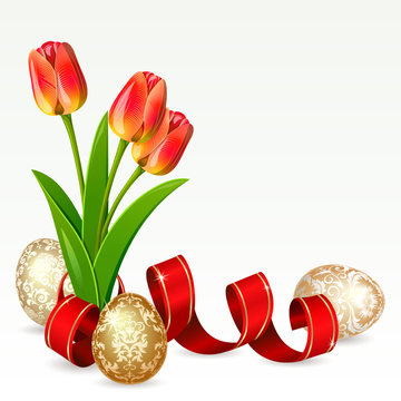 Easter background with egg decorated and flowers