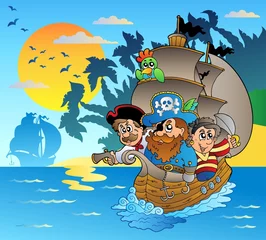 Foto op Plexiglas Piraten Drie piraten in boot bij eiland