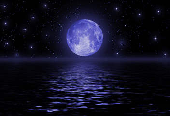 The full moon in the night sky reflected in water - obrazy, fototapety, plakaty