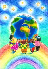Schapenvacht deken met patroon Regenboog Kinderen en aarde