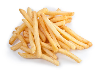 Fries french potatoes handful closeup isolated on white