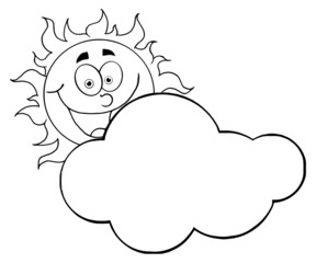 Outlined Happy Sun Hiding Behind Cloud