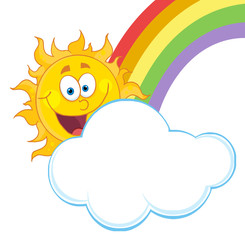 Happy Sun Hiding Behind Cloud And Rainbow