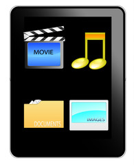 Black table pc with music,movie,documents and image icon