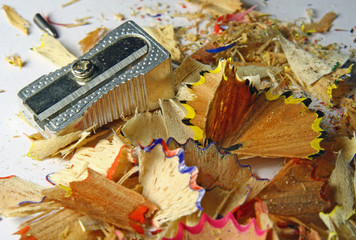 colored pencils of wood chips after the sharpener