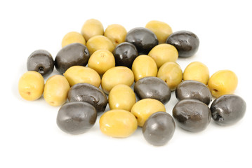Whole black and green olives marinated  isolated on white