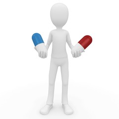 3d man with pills choose red or blue