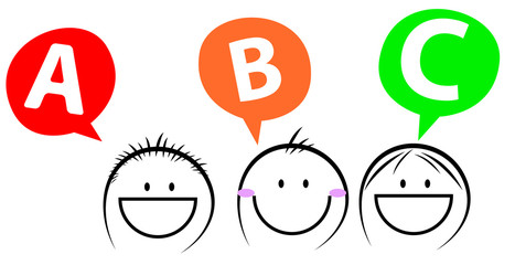 three happy kids speaking letters a b and c