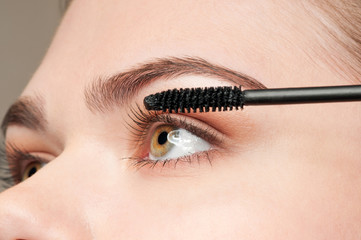 Beautiful young adult woman applying cosmetic mascara brush