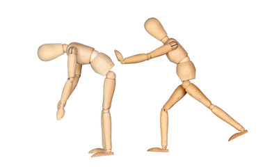 Two wooden mannequins stretching