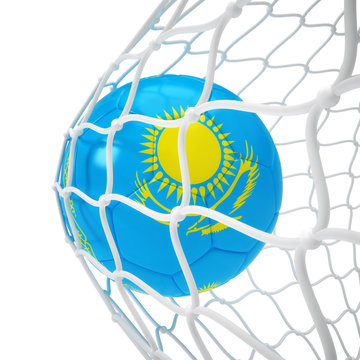 Kazakhstan soccer ball inside the net