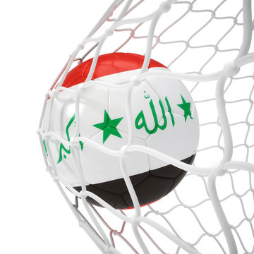 Iraqi soccer ball inside the net