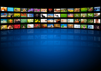 Video wall in multimedia center presentation - obrazy, fototapety, plakaty