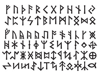 Elder Futhark (24 letters above) and Other Runes (below). Runic script was used all over Northern Europe till the XIII century. - obrazy, fototapety, plakaty