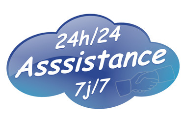 assistance 24h24 7j7 sur bouton design nuage bleu