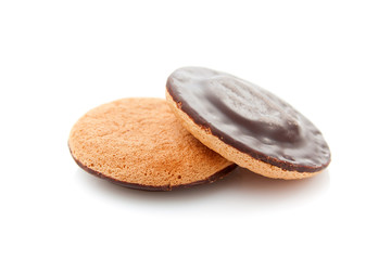 Cookies covered with chocolate and filled with jam.