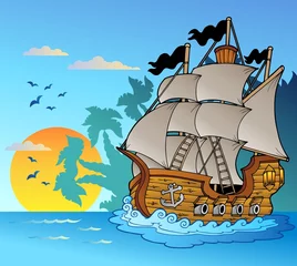Papier Peint photo Lavable Pirates Vieux navire avec la silhouette de l& 39 île