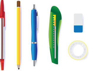 pen pencil cutter eraser and tape - illustration