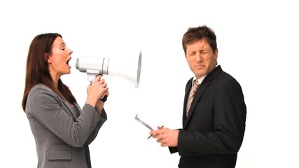 Businesswoman shouting through a megaphone - Powered by Adobe