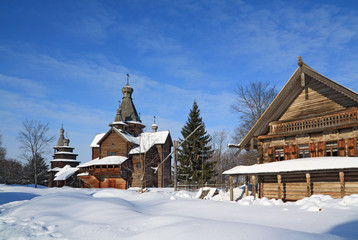 wooden chapel in winter village