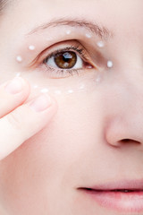 Women applying eye skin cream
