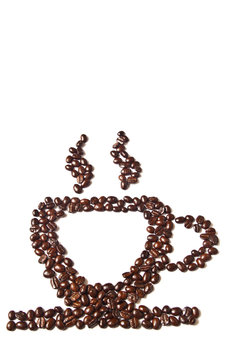 Cup of coffee from coffee beans on white background