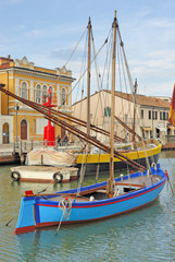 Italy Cesenatico harbor, antique fishing sailing boats