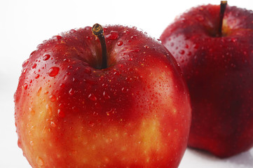 close up wet red apple on white background