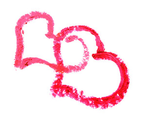 Two hearts  drawn with lipstick  on a white background