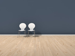 blaue Wand mit St&uuml;hlen