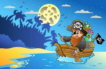 Foto op Plexiglas Piraten Nachtzeegezicht met piraat in boot