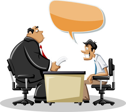 Cartoon man talking with his boss in office. Speech bubble.