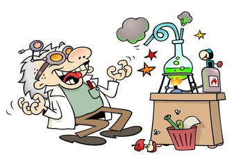 Mad scientist laughing insanely by his laboratory desk