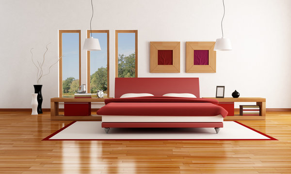 red and white  modern bedroom