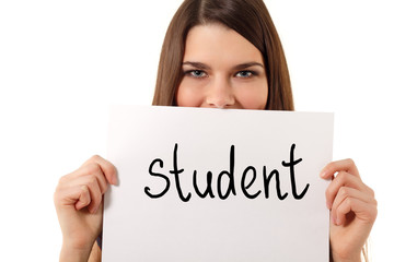 cheerful teen girl holding message 