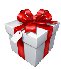 gift present with tag and red bow isolated on white