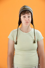 Naklejka premium Woman with Sock Monkey Hat