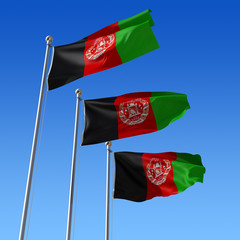 Three flags of Afghanistan against blue sky. 3d illustration.