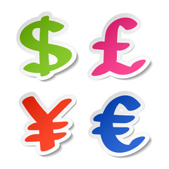 Dollar, euro, yen and pound stickers