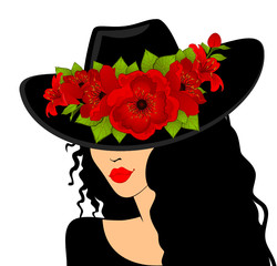 Belle fille au chapeau avec de belles fleurs tropicales. Vecteur