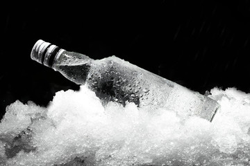 Close up view of the bottle in ice