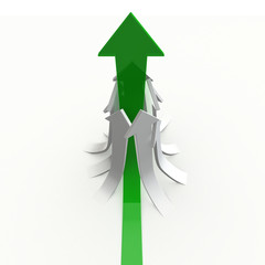 Green glassy arrow joins rising white ones from white ground