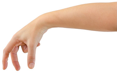 Hand of a caucasian female to hold small object, isolated on white