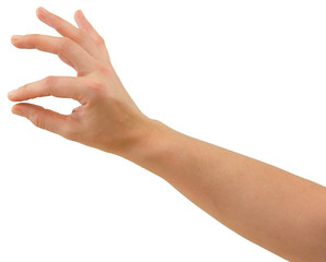 Hand of a caucasian female to hold thin object, isolated on white
