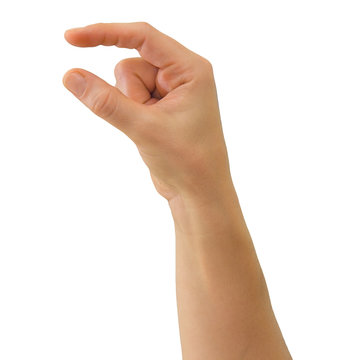 Hand of a caucasian female to hold some small object, isolated on white
