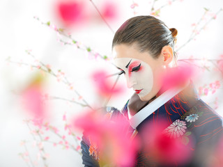 Artistic portrait of japan geisha woman with creative make-up ne