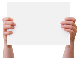 Hands upholding blank sheet of paper with copy-space