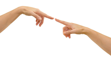 Two hands with fingers tip-to-tip symbolizing creation / contact